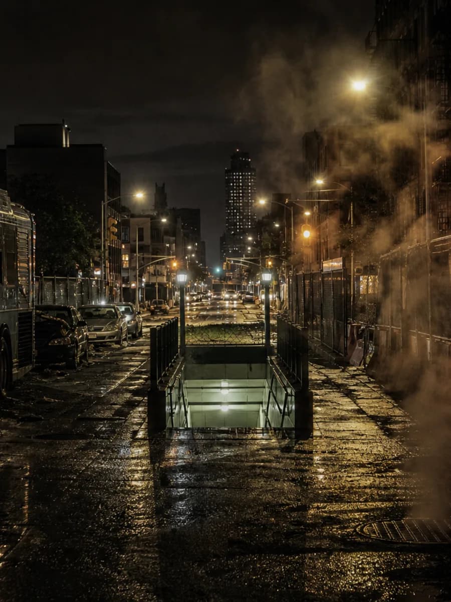 A portrait view of Broadway's wet street and subway entrance.