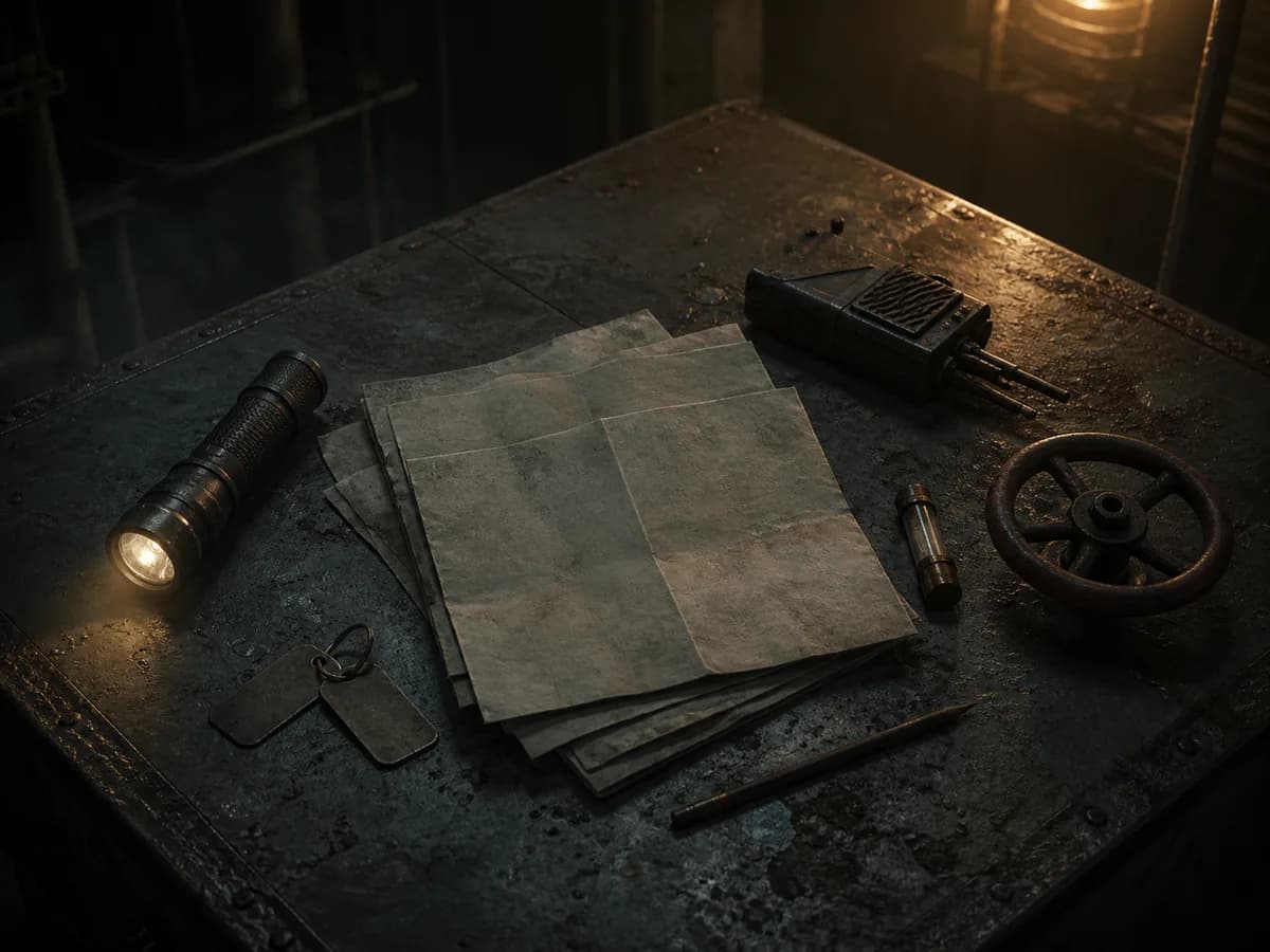 Blank route sheets and responder tools on a dark steel operations table.